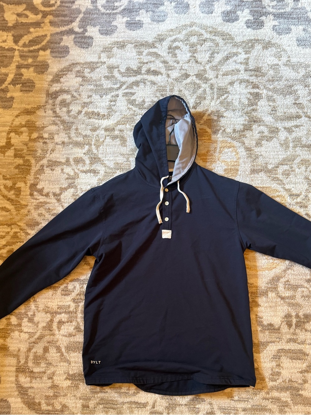 BYLT Basics Navy Hooded Henley Pullover with Light Gray Lining